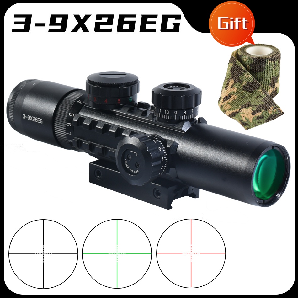 Crossbow Scope Sight - Taktisches 3-9X26EG Armbrust-Zielfernrohr-Set mit Rot/Grün-Laser, Kompaktes